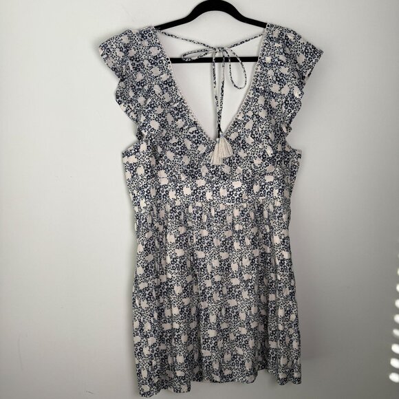 Anthropologie V-Neck Plunge Mini Tunic Dress Blue Cream Size L Garden Party - Picture 10 of 12